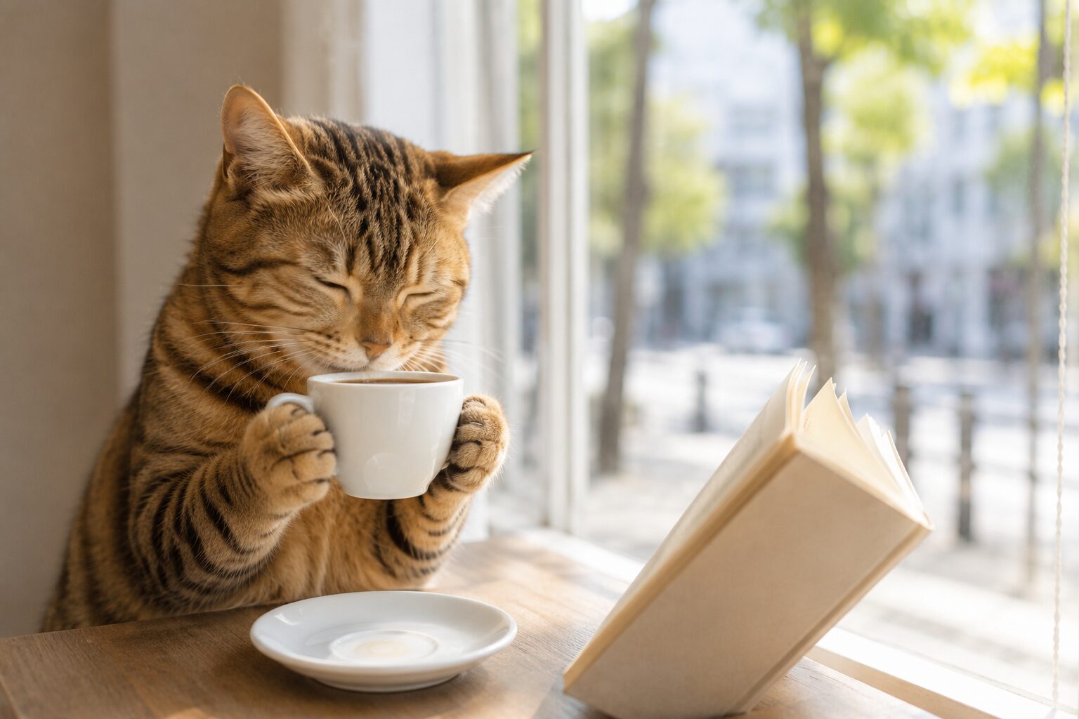 コーヒーを飲む猫の画像