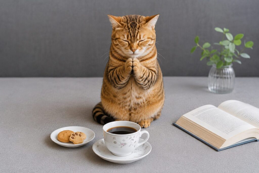 コーヒーとおやつを前に「いただきます」をする猫