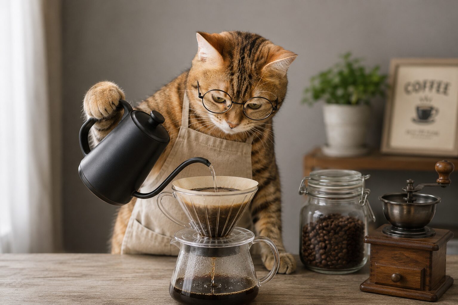 コーヒーを煎れる猫