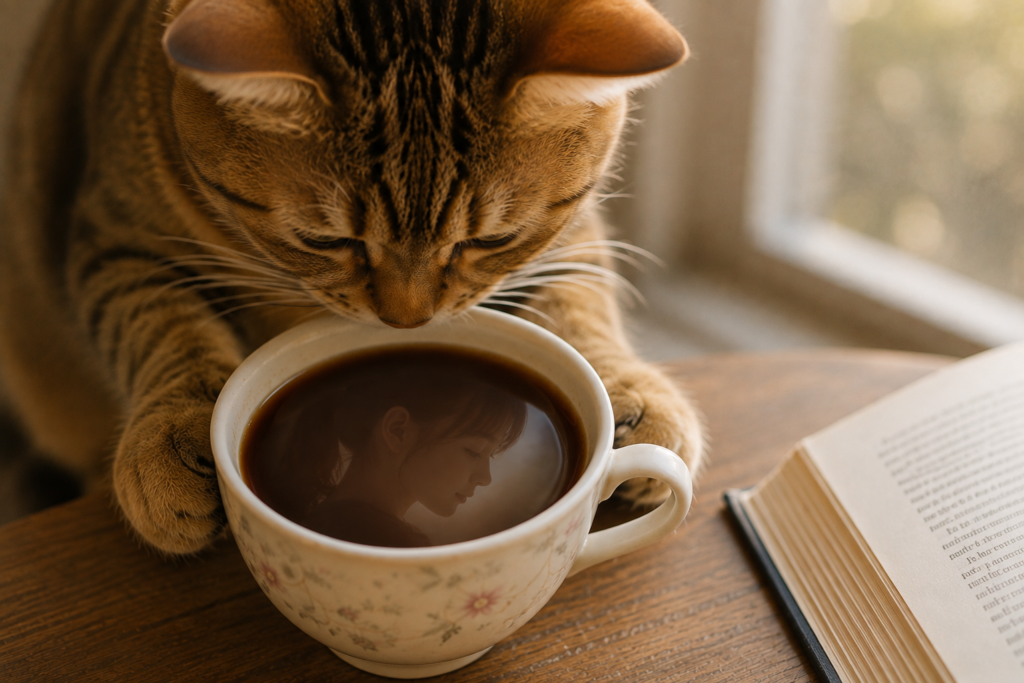 コーヒーをのぞき込む猫の画像。コーヒーの液面には女の子が映っている。