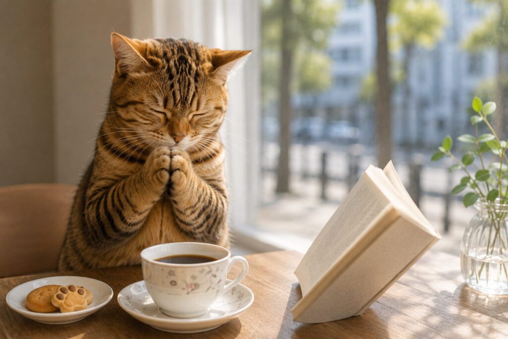 コーヒーとお菓子を前に「いただきます」をしている猫の画像